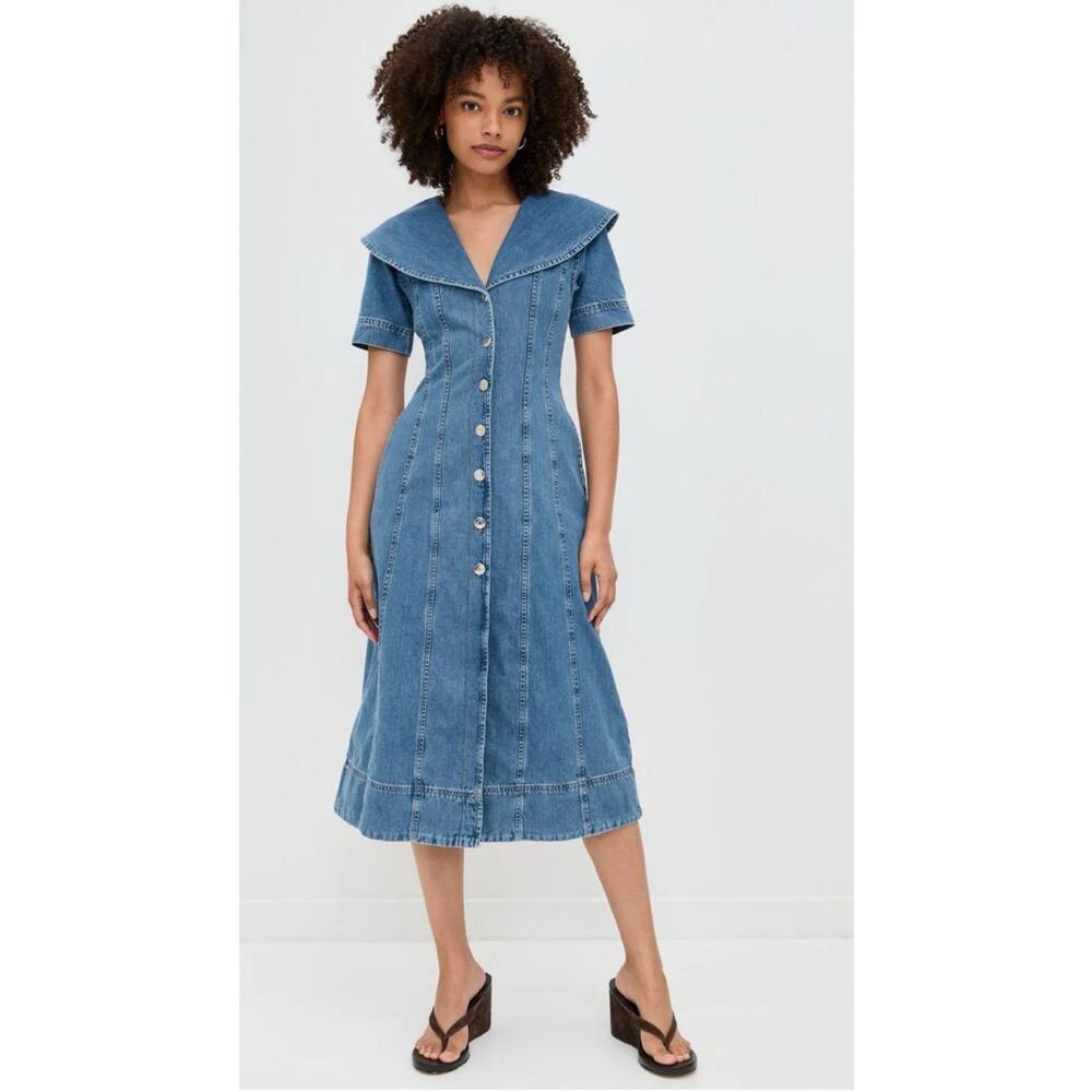 Aligne Sparrow Light Wash Cotton Shawl Collar Denim Midi Dress 2 NWT $190